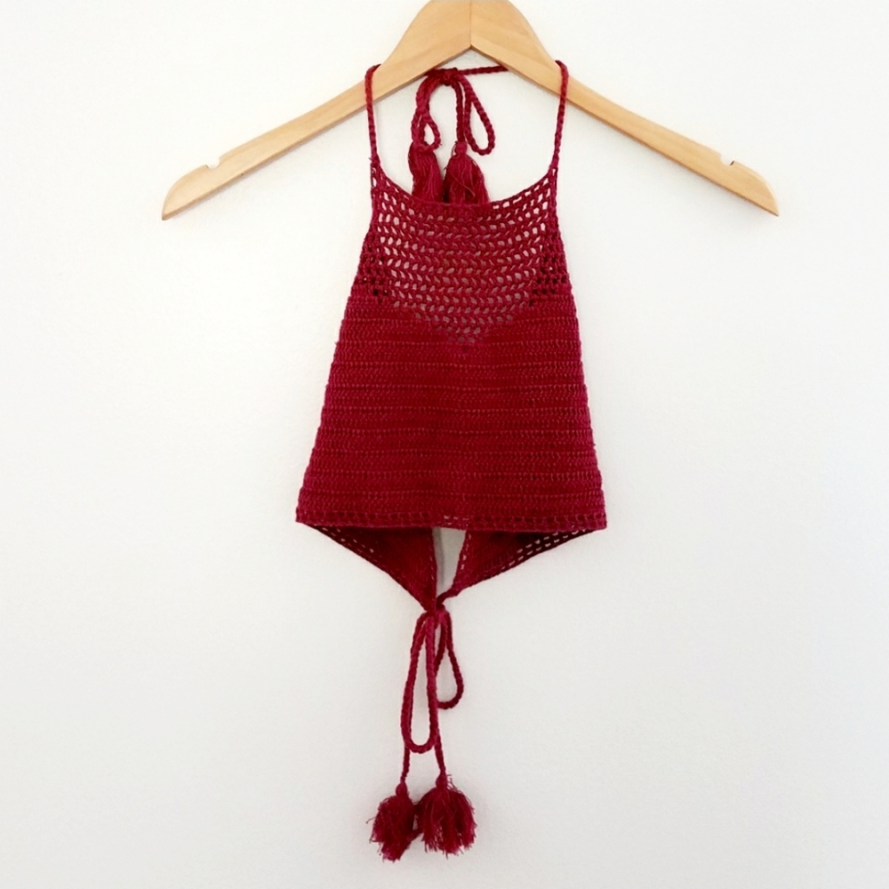 Crochet crop top red tie tassels small Forever 21